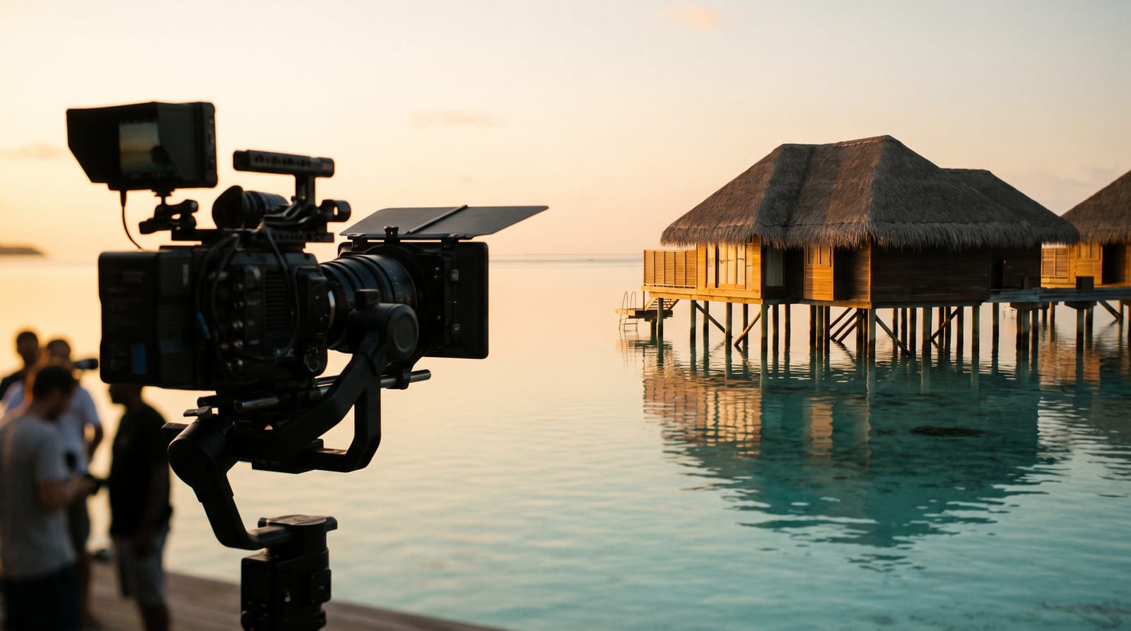 Cinematic hotel film crew at work near a Maldivian resort overwater villa