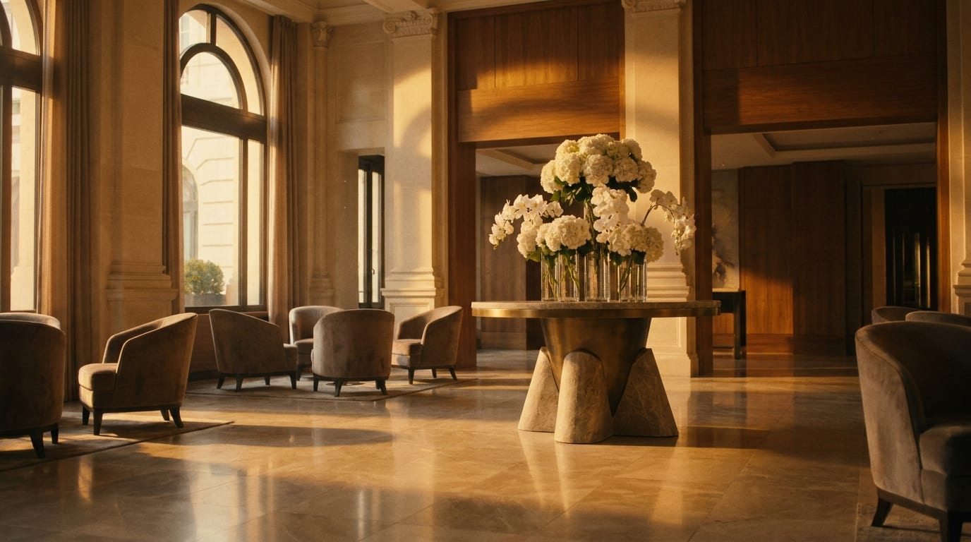 Warm golden-hour light across the polished marble floor of a luxury hotel lobby