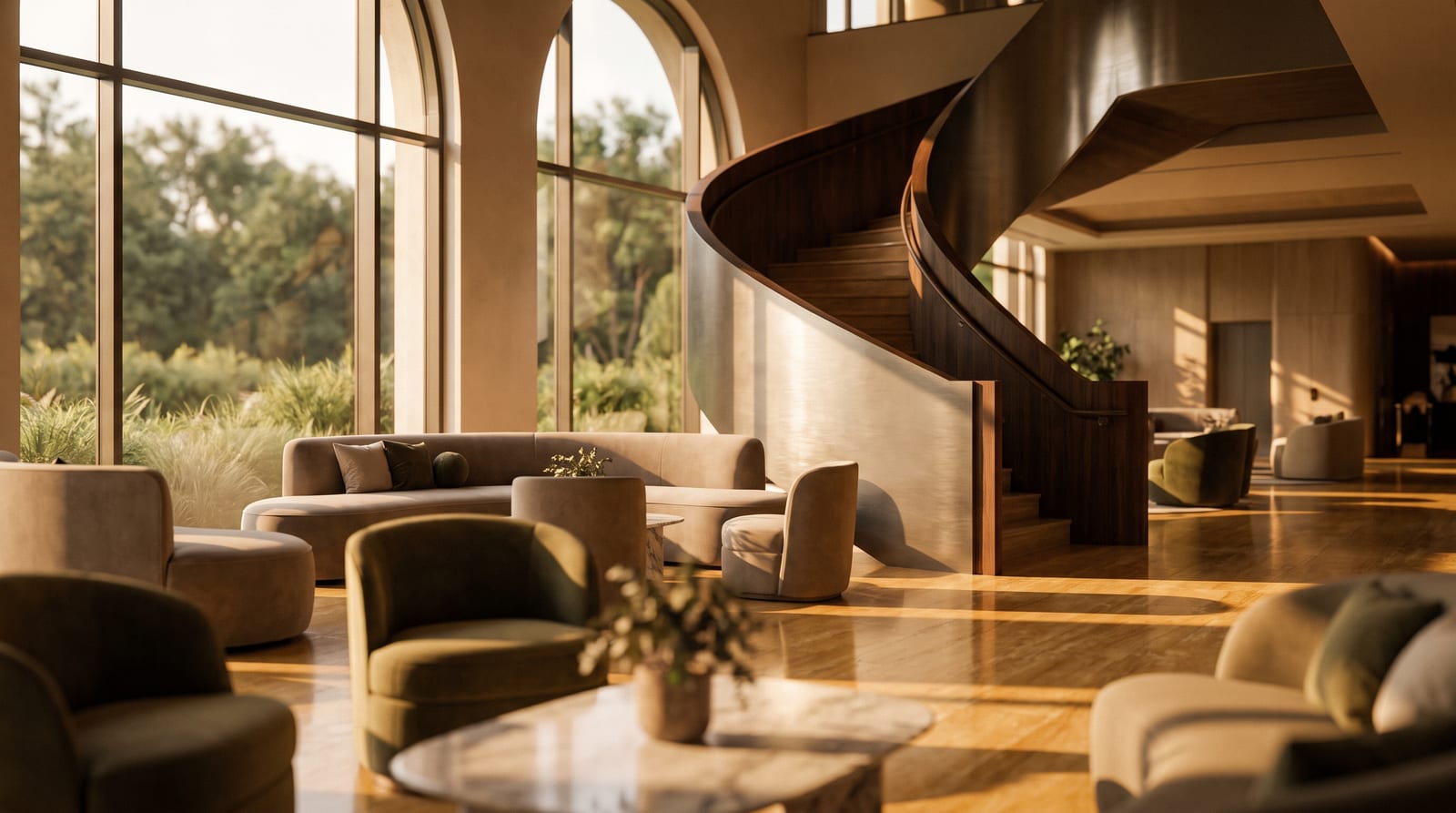 Warm, golden-hour luxury hotel lobby with a sculptural curved staircase and soft seating