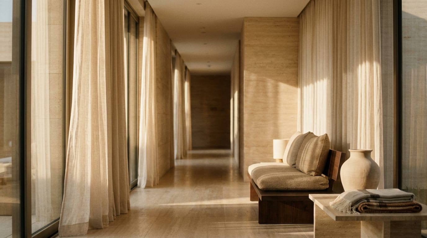 A quiet, light-filled luxury hotel corridor at golden hour with sheer linen curtains, warm travertine walls and a low bench—negative space and soft directional light