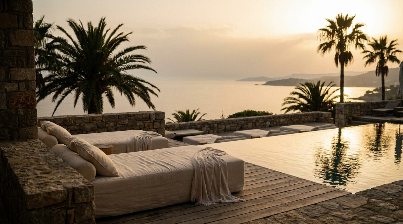 Golden-hour view over a luxury resort terrace, infinity pool and sea